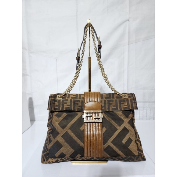 Fendi Tobacco Zucca Canvas and Leather Maxi Baguette Flap Shoulder Bag Brown - Picture 1 of 15